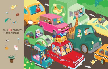 Find 10 items in the picture. Hidden Object Puzzle. Motorway. Funny cartoon characters clipart