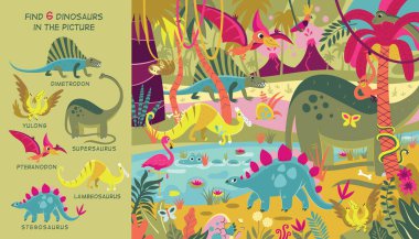 Jurassic Park. Find all the dinosaurs in the picture. Hidden Object Puzzle. Colorful Vector illustration, flat design. clipart