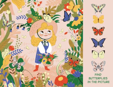 The girl examines butterflies in nature. Find six butterflies in the picture. Hidden Object Puzzle. Vector illustration.