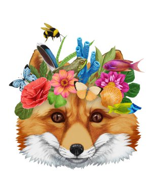  Çiçek çelenkli tilkinin el çizimi.