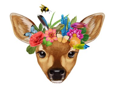  Çiçek çelenkli geyiğin el çizimi.