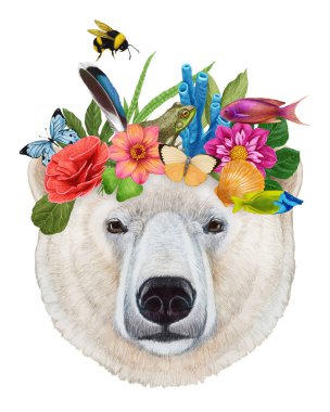  Çiçek çelenkli ayının el çizimi