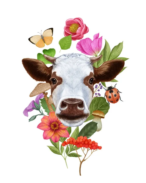 Ręcznie Rysowana Ilustracja Krowy Kwiatowej Ramce — Zdjęcie stockowe
