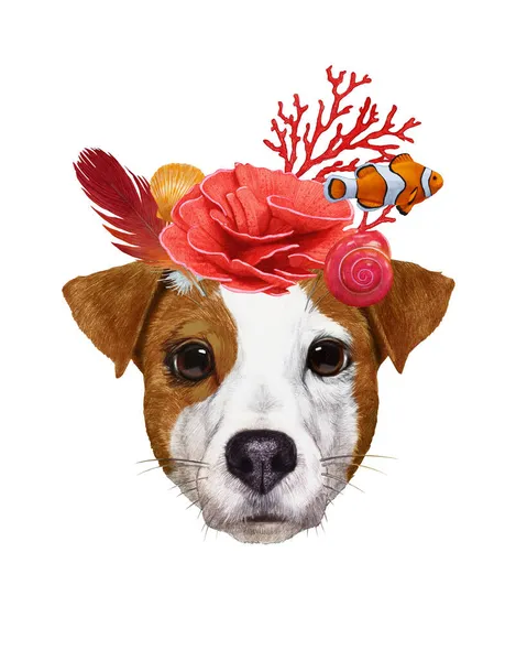 Handritad Illustration Hund Med Koraller Och Fisk — Stockfoto