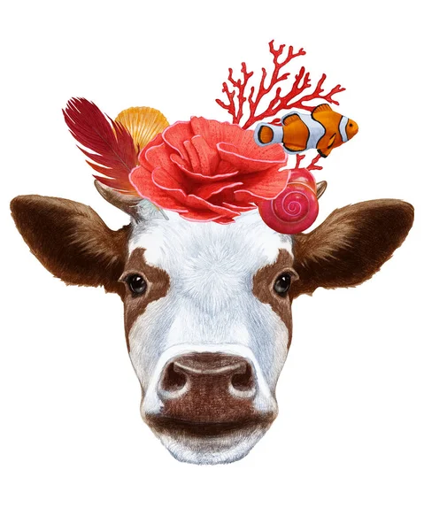 Χειροποίητη Απεικόνιση Αγελάδας Κοράλλια Και Ψάρια — Φωτογραφία Αρχείου