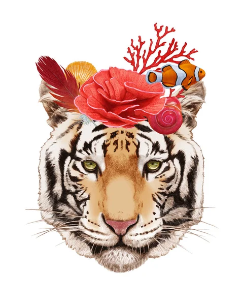 Illustrazione Disegnata Mano Della Tigre Con Coralli Pesci — Foto Stock