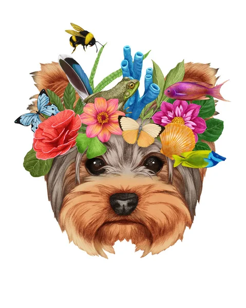 Χειροποίητη Απεικόνιση Του Σκύλου Στεφάνι Λουλουδιών — Φωτογραφία Αρχείου