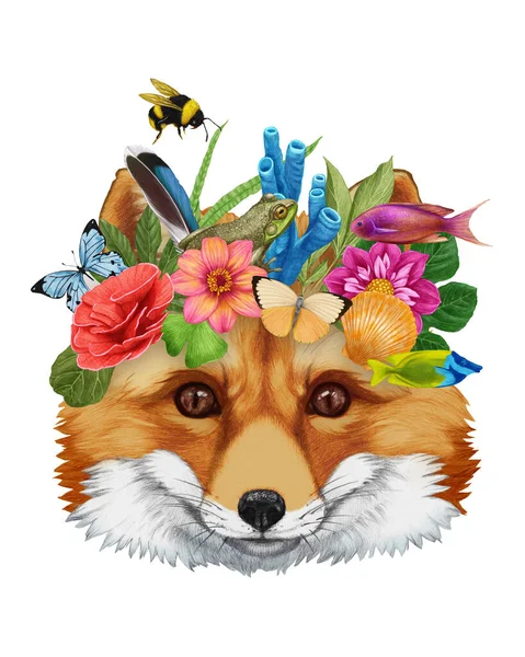 Hand Drawn Illustration Fox Flower Wreath — Stock Photo, Image