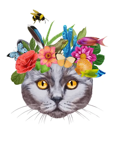 Ilustração Desenhada Mão Gato Com Coroa Flores — Fotografia de Stock