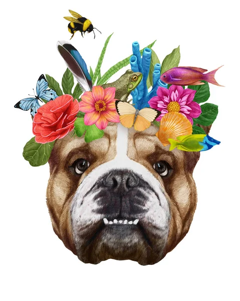 Handritad Illustration Bulldogg Med Blomkrans — Stockfoto