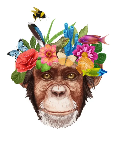 Ilustração Desenhada Mão Macaco Com Coroa Flores — Fotografia de Stock