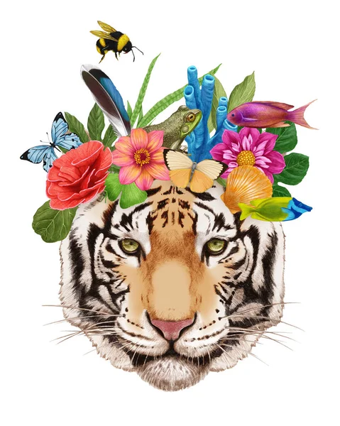 Illustrazione Disegnata Mano Della Tigre Con Corona Fiori — Foto Stock