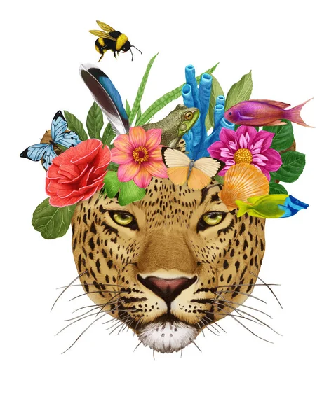 Illustrazione Disegnata Mano Leopardo Con Corona Fiori — Foto Stock