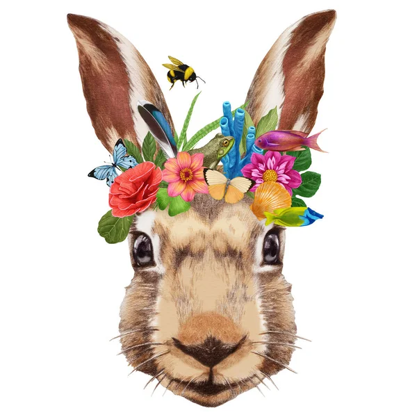 Ручная Иллюстрация Кролика Цветочным Венком — стоковое фото