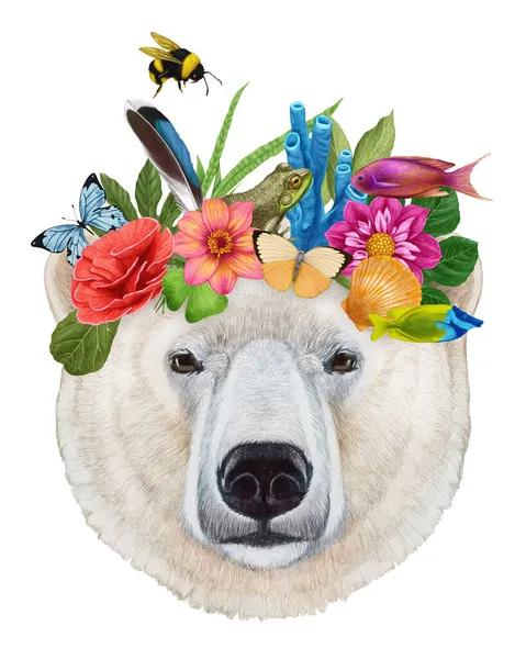 Illustrazione Disegnata Mano Dell Orso Con Corona Fiori — Foto Stock