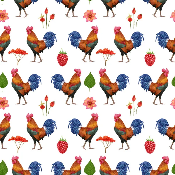 Roosters Pattern Hand Drawn Background — Stock fotografie