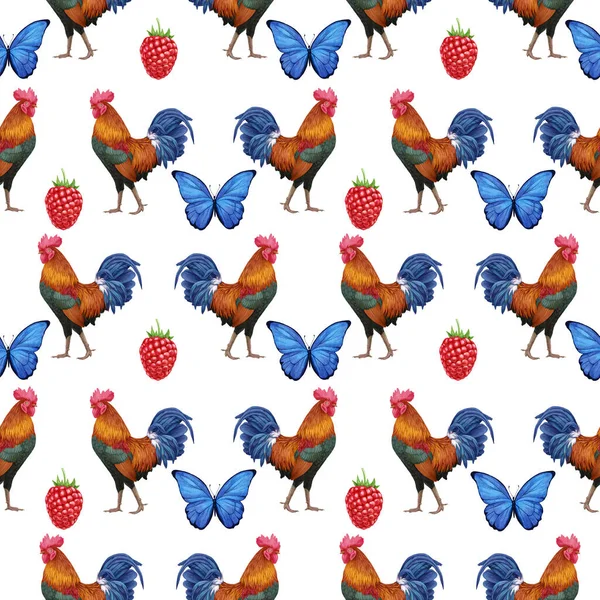 Roosters Pattern Hand Drawn Background — Foto Stock