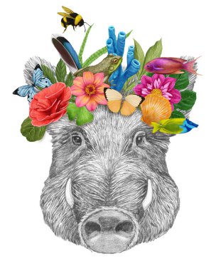 Çiçek ve yapraklı şirin kirpi, vektör illüstrasyonu