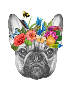 Çiçekli ve yapraklı köpek, el çizimi illüstrasyon