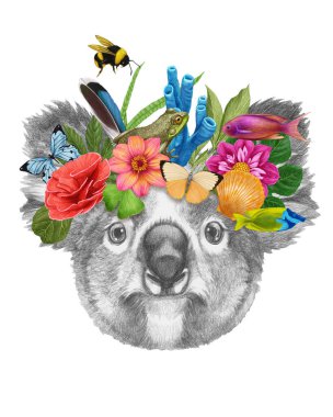 Çiçekleri ve yaprakları olan şirin bir pandanın suluboya çizimi