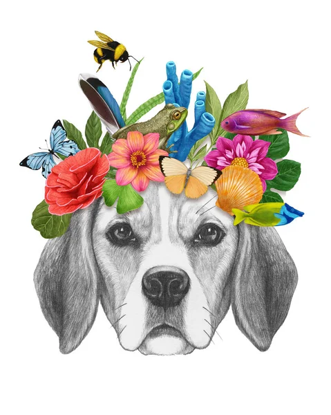 Χαριτωμένος Σκύλος Λουλούδια Και Φύλλα Ακουαρέλα Εικονογράφηση — Φωτογραφία Αρχείου