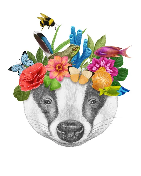 水彩画一只长着花和叶子的可爱的狗 — 图库照片