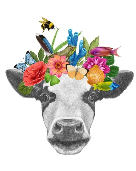 Illustrazione Acquerello Una Mucca Con Cappello Fiore — Foto Stock