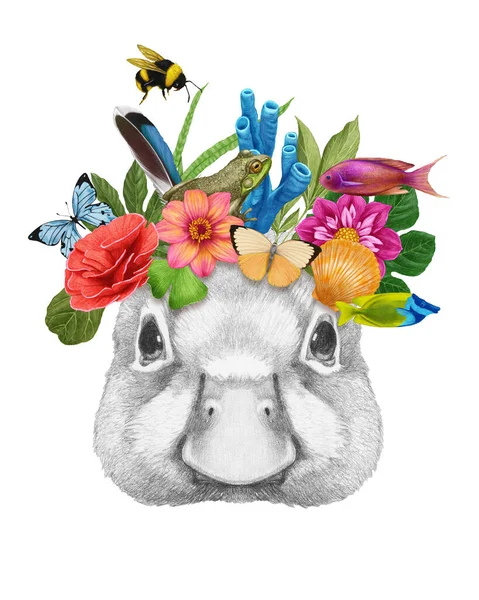Akvarel Ilustrace Roztomilého Ježka Květinami Listy — Stock fotografie