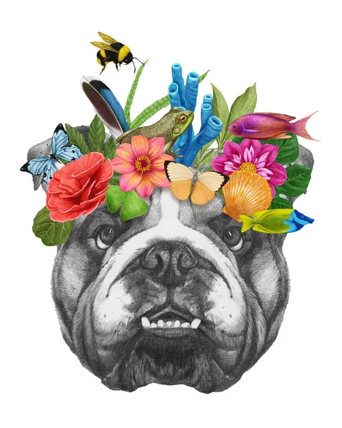 Ilustración Lindo Perro Con Flores Hojas —  Fotos de Stock