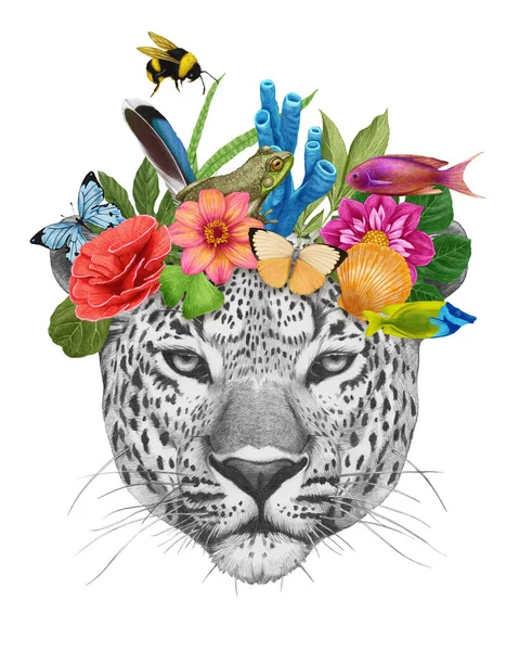 Ilustração Aquarela Com Flores Tigre Folhas — Fotografia de Stock