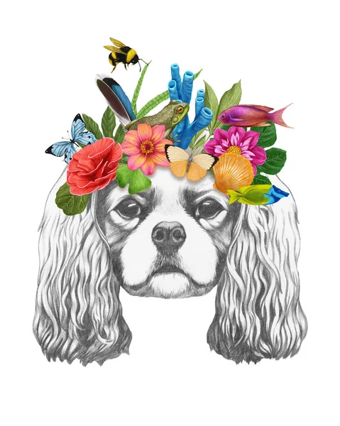 Χαριτωμένο Σκυλί Λουλούδια Και Φύλλα Ζωγραφισμένα Στο Χέρι Εικονογράφηση — Φωτογραφία Αρχείου