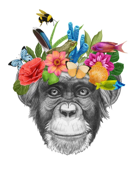 Akvarell Illusztráció Egy Aranyos Kutya Virágok Levelek — Stock Fotó