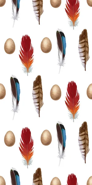 Aquarel Naadloos Patroon Met Veren Veren Kralen Vleugel Vogel Vleugels — Stockvector