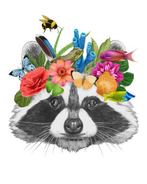 Çiçekli şirin bir kedinin suluboya çizimi