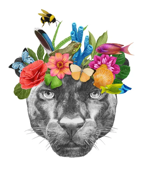 Ilustração Aquarela Belo Tigre Com Flores Folhas — Fotografia de Stock