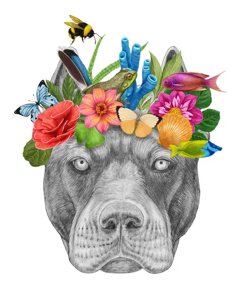 Bonito Cão Com Flores Folhas Ilustração Desenhada Mão — Fotografia de Stock