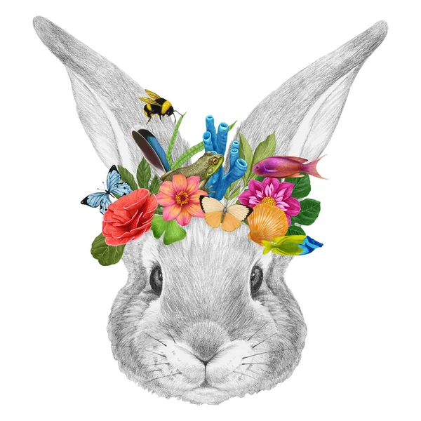 Акварельная Иллюстрация Милого Кролика Цветами Листьями — стоковое фото