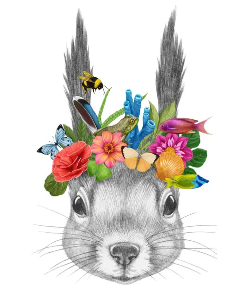 Akvarel Ilustrace Roztomilého Králíka Květinami Listy — Stock fotografie