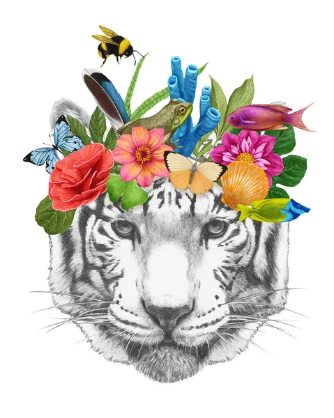 Tigre Con Fiori Foglie Illustrazione Disegnata Mano — Foto Stock