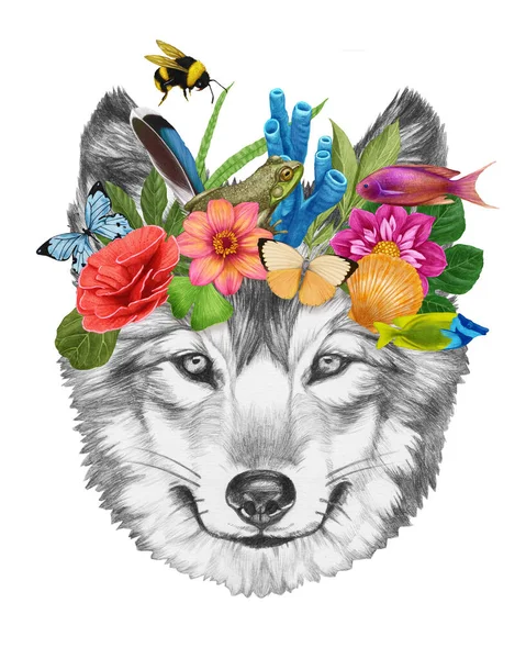 Roztomilá Liška Věncem Květinami Akvarel Ilustrace — Stock fotografie
