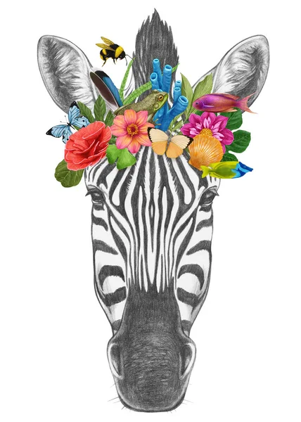 Zebra Med Blommor Och Blad Handritad Illustration — Stockfoto