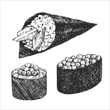 Japon yemekleri. Temaki ve Gunkan Maki 'nin el çizimi. Vektör. Mürekkep çizimi.