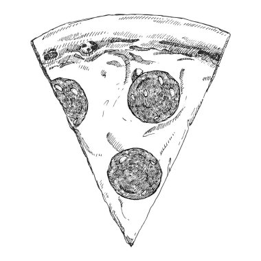 Geleneksel İtalyan yemekleri. Pizza 'nın elle çizilmiş bir çizimi. Vektör. Mürekkep çizimi.