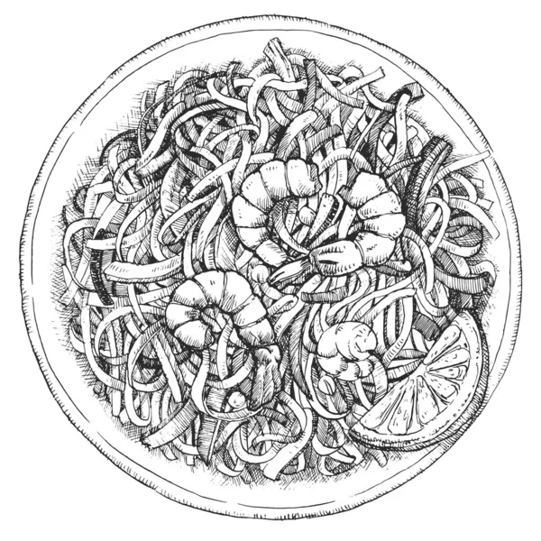 Platos Asiáticos Ilustración Dibujada Mano Shrimp Stir Fry Noodle Vector — Archivo Imágenes Vectoriales
