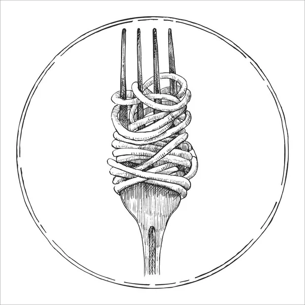 Traditionelle Italienische Gerichte Handgezeichnete Illustration Der Gabel Mit Pasta Vektor — Stockvektor