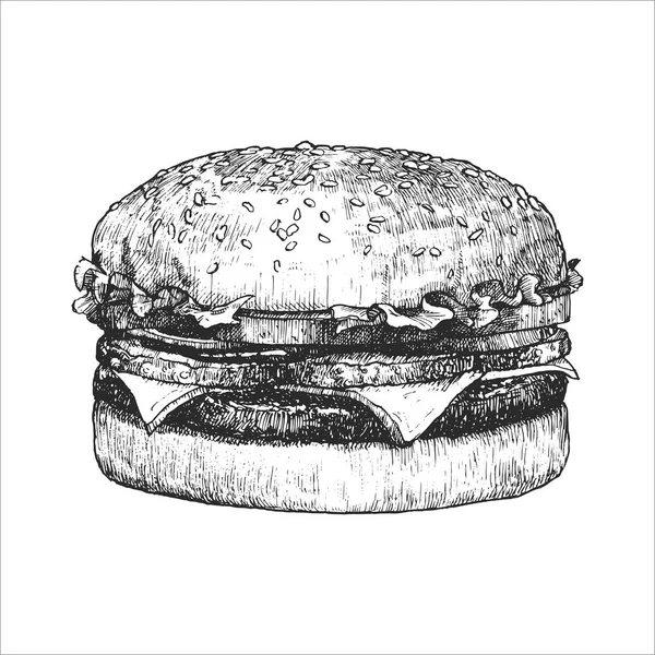 American Dishes Hand Drawn Illustration Cheeseburger Vector Ink Drawing — Stock Vector