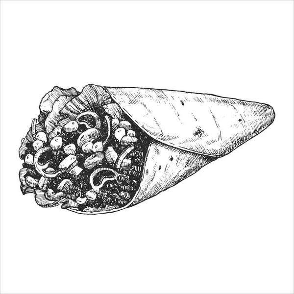 Mexikanische Gerichte Handgezeichnete Illustration Von Burrito Vektor Federzeichnung — Stockvektor