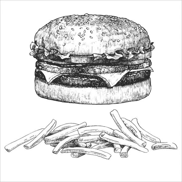 Amerikanische Gerichte Handgezeichnete Illustration Von Cheeseburger Mit Pommes Vektor Federzeichnung — Stockvektor