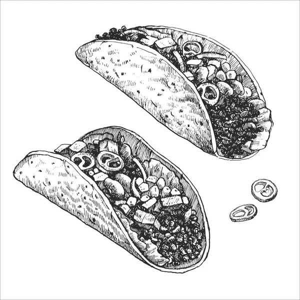 Mexikanische Gerichte Handgezeichnete Illustration Von Fajita Vektor Federzeichnung — Stockvektor