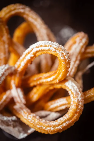 Traditional Spanish Churros Table Dark Moody Photo Rustic Style Close — Foto Stock